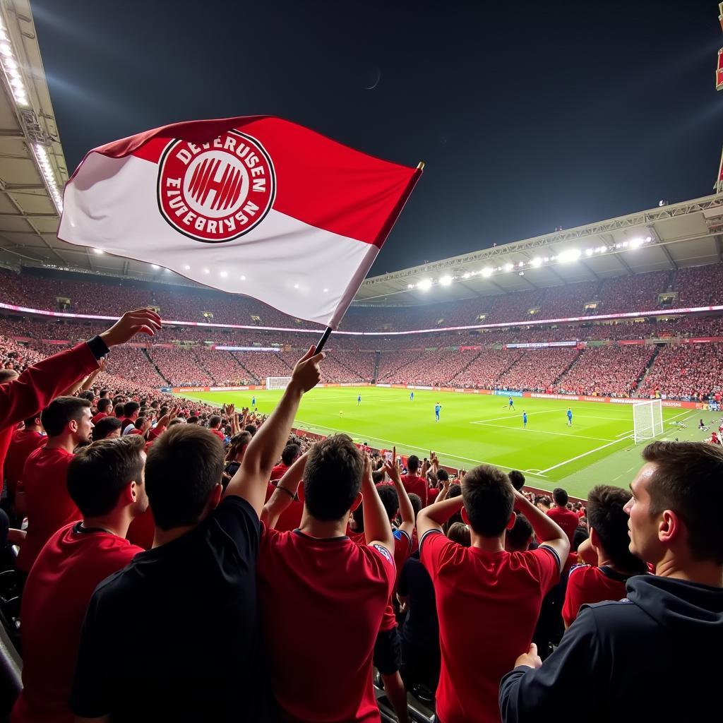 Fans des Bayer Leverkusen unterstützen ihre Mannschaft im Stadion bei einem Europapokalspiel