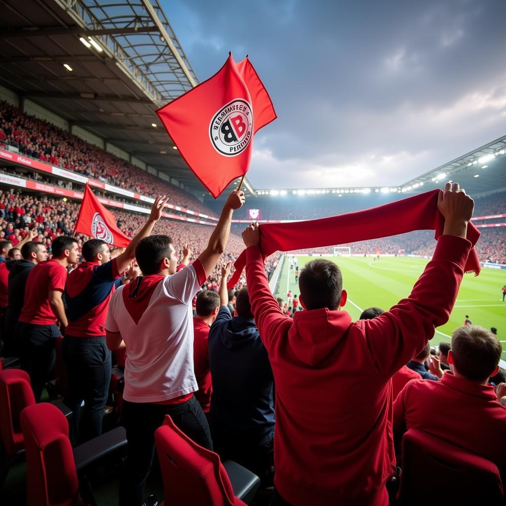 Leverkusen Fans feiern ein Tor im Stadion