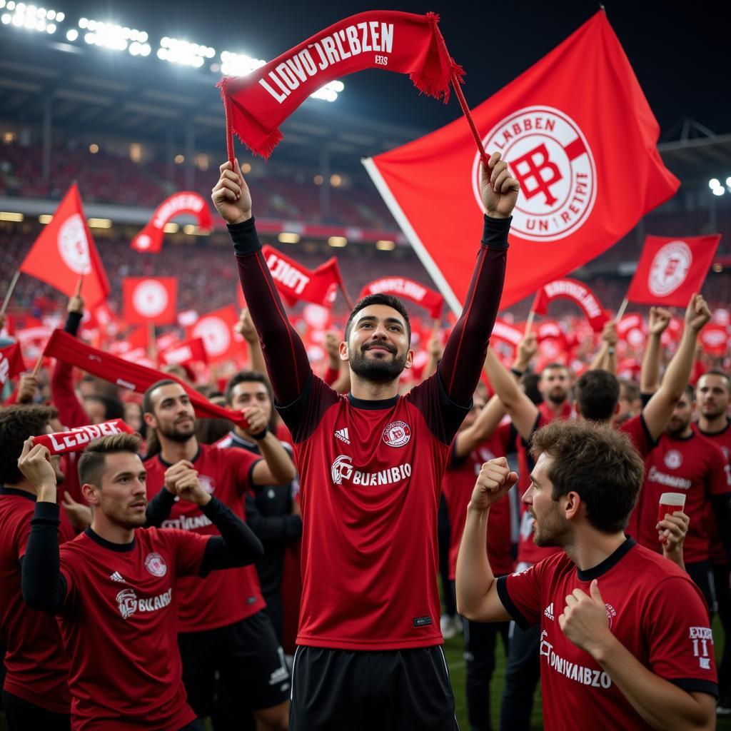 Leverkusen Fans feiern mit Trikots