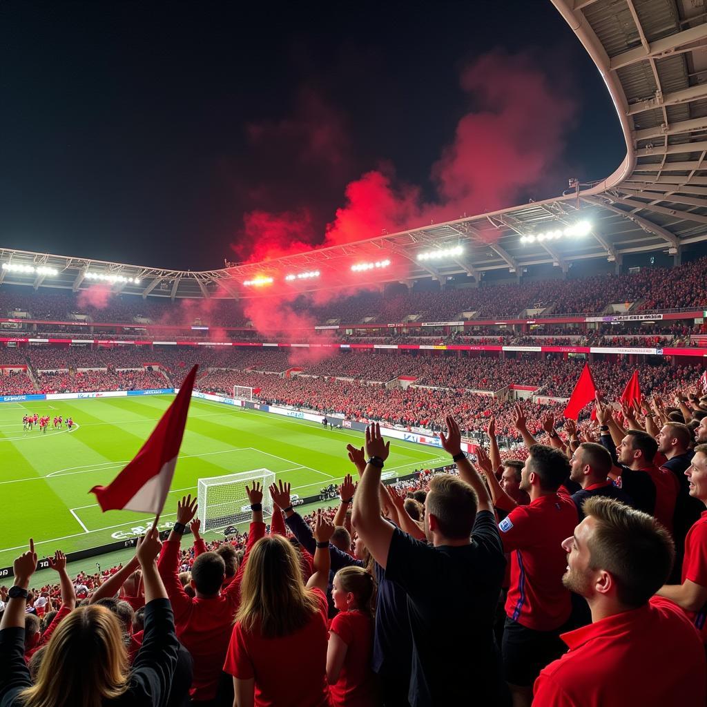 Fans von Bayer Leverkusen feiern ein Tor gegen Bayern München