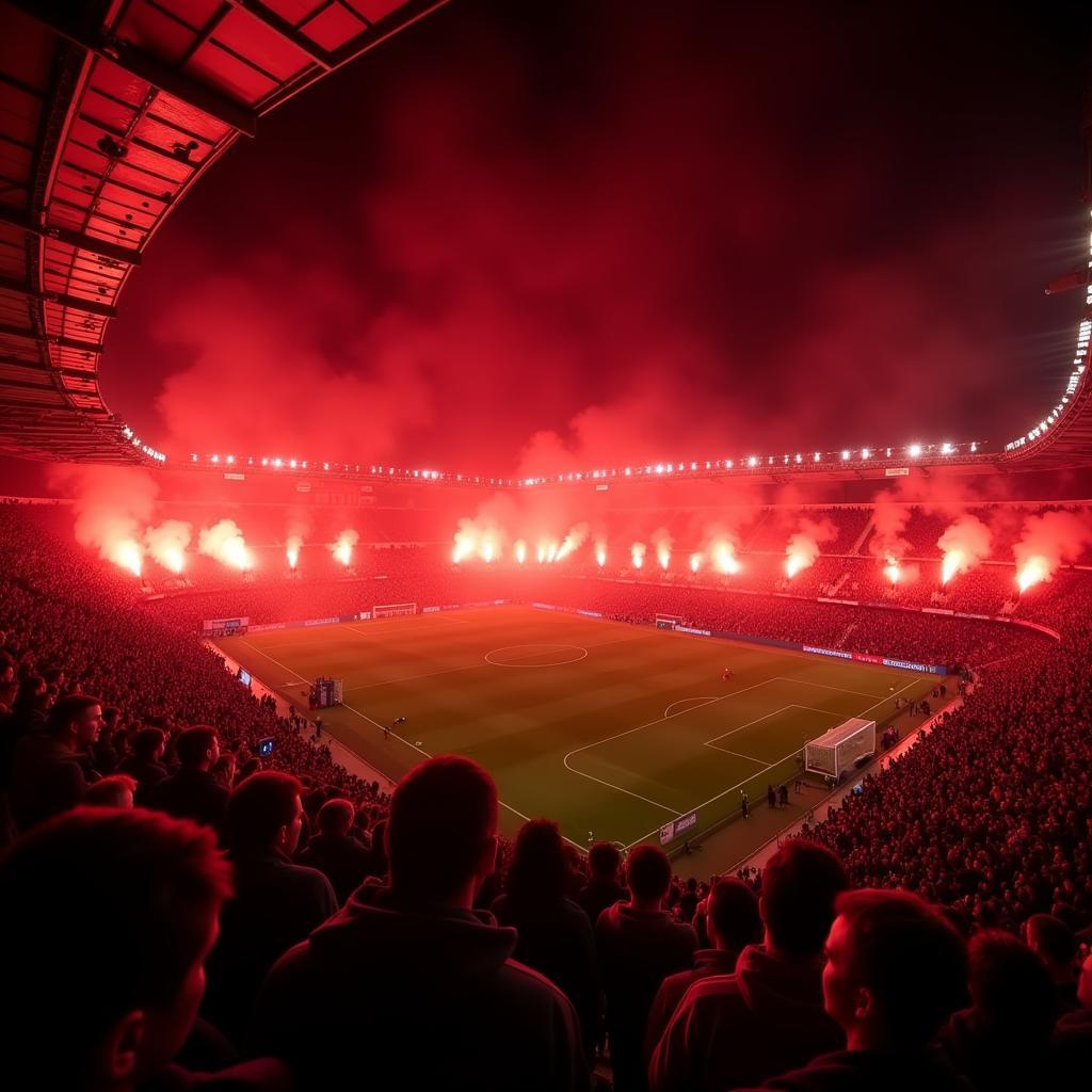 Leverkusen Fans mit Feuer Bengalos