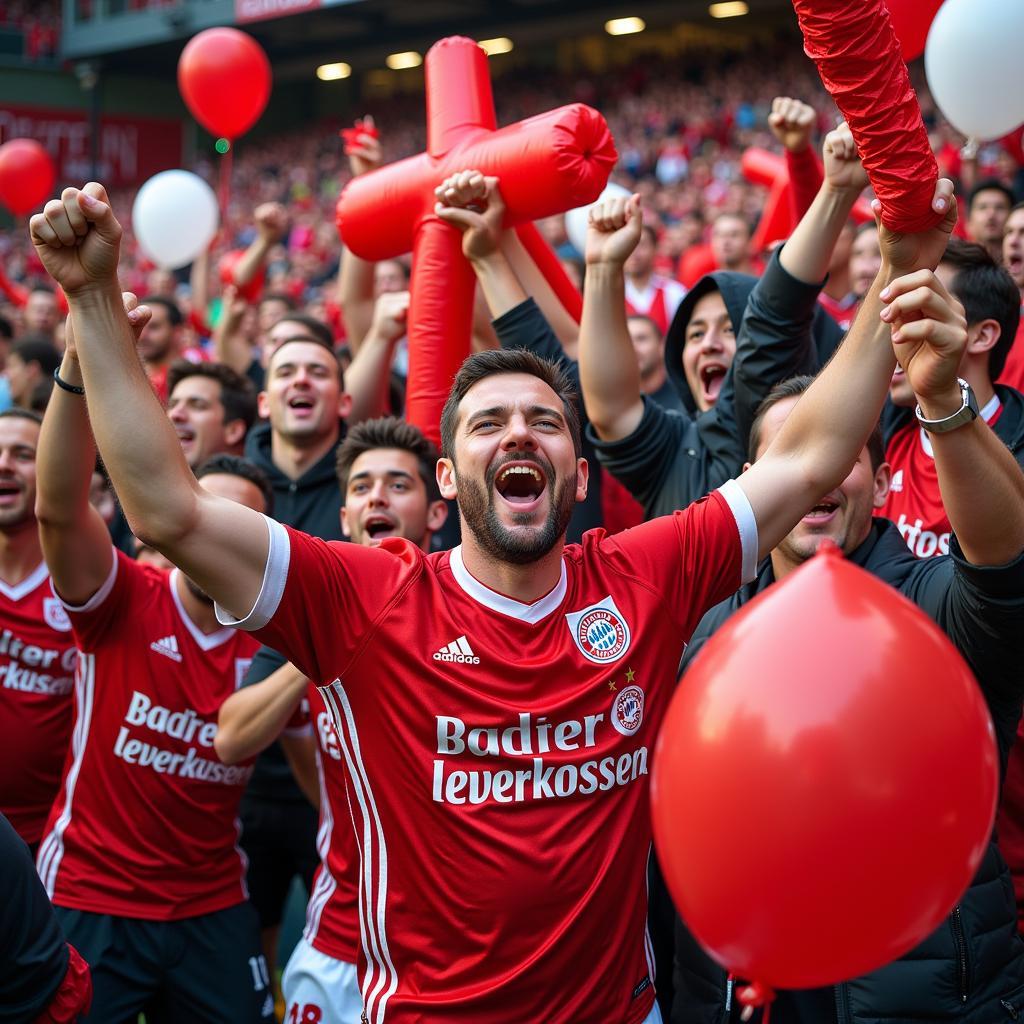 Bayer Leverkusen Fans feiern mit aufblasbarer Deko