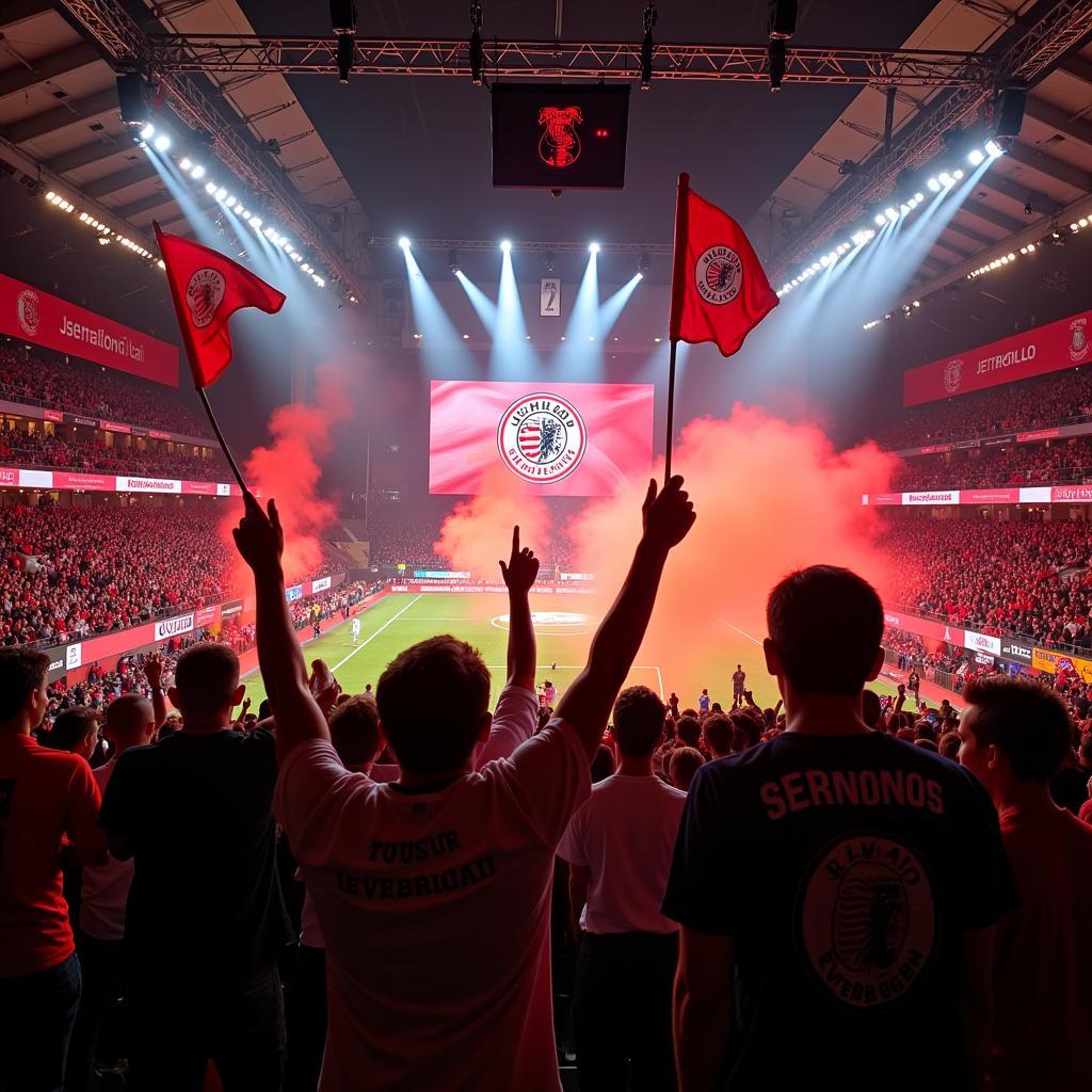 Fans von Bayer Leverkusen feiern mit dem Vereinswappen