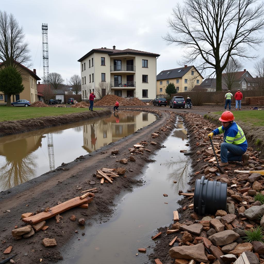 Wiederaufbauarbeiten nach dem Hochwasser in Leverkusen