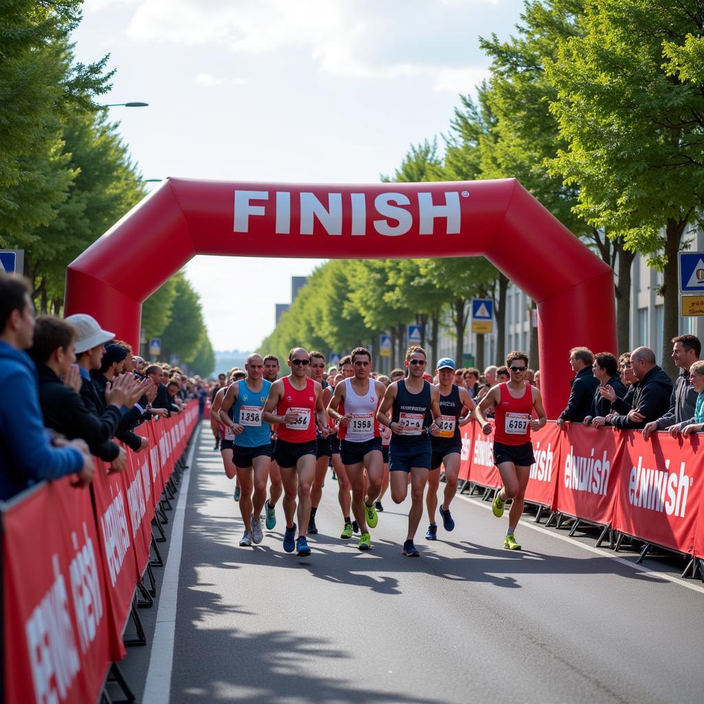 Läufer überqueren die Ziellinie des 4.3.18 Leverkusen Lauf