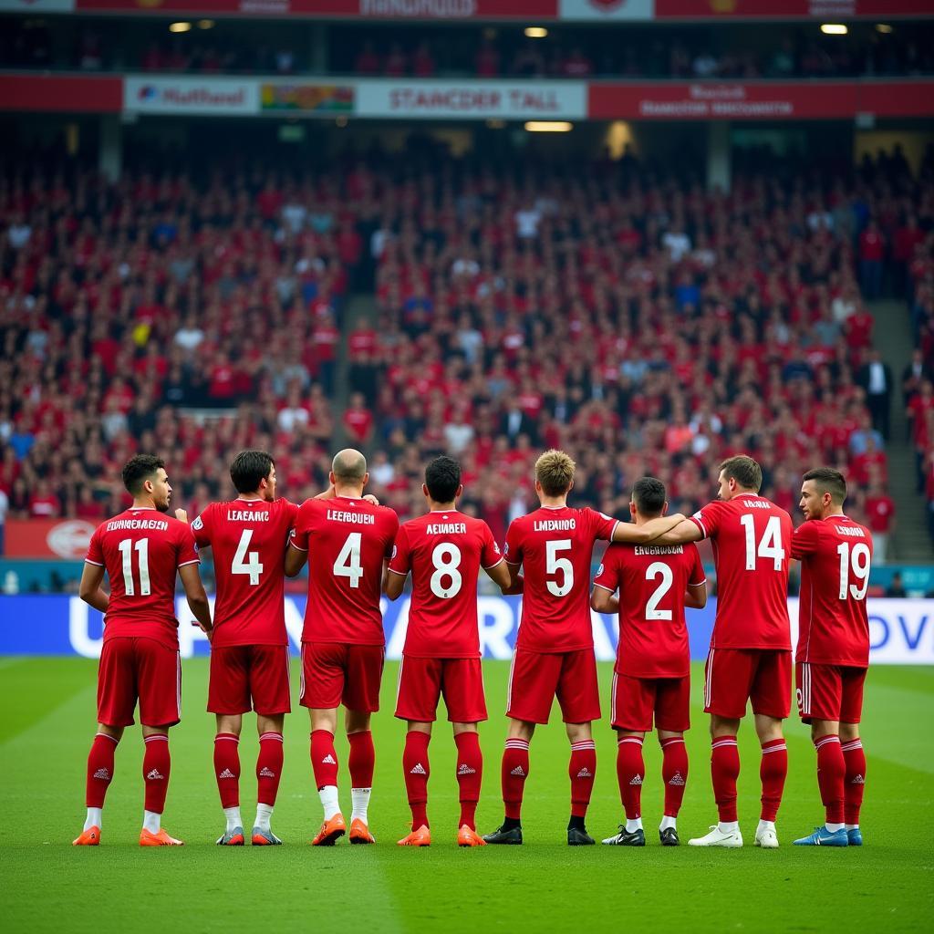 Spieler von Leverkusen und Leipzig stehen vor dem Spiel auf dem Platz