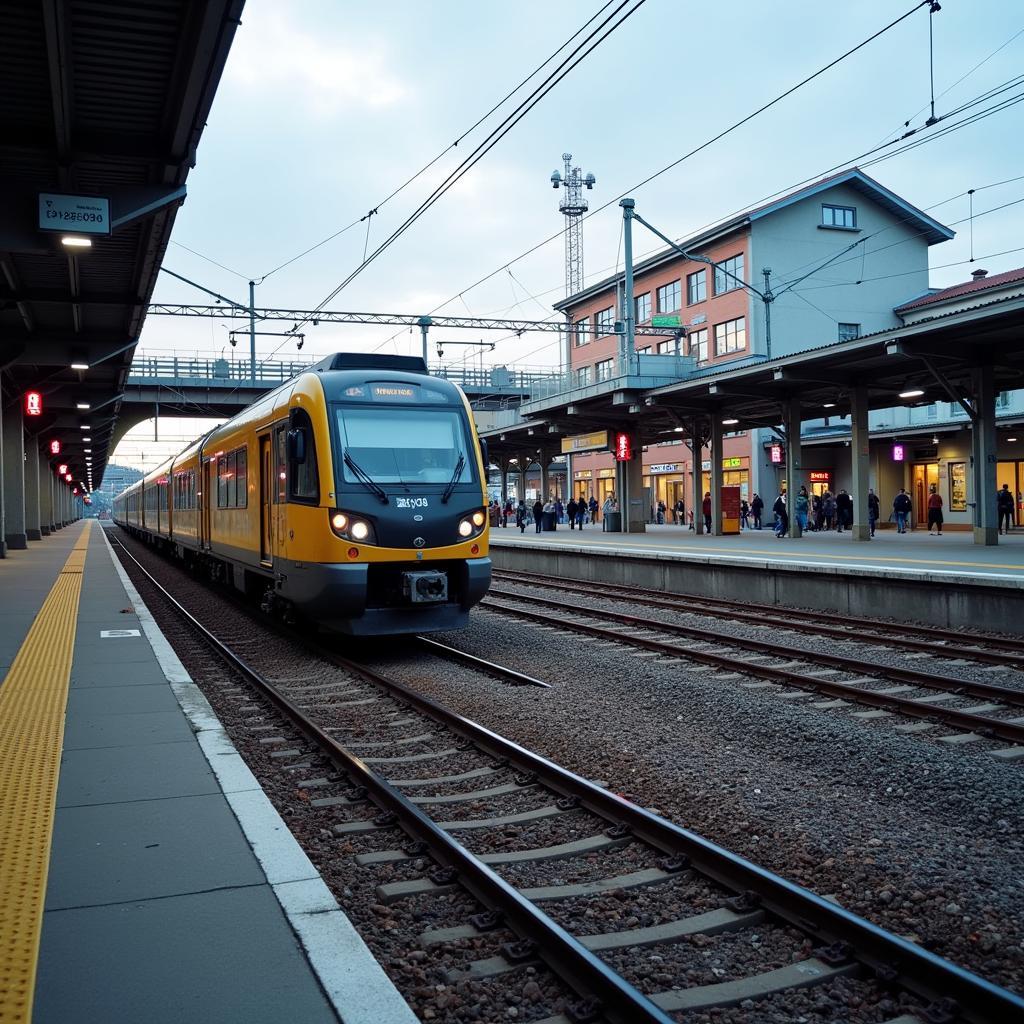 Der Bahnhof Leverkusen Mitte mit ankommenden Zug