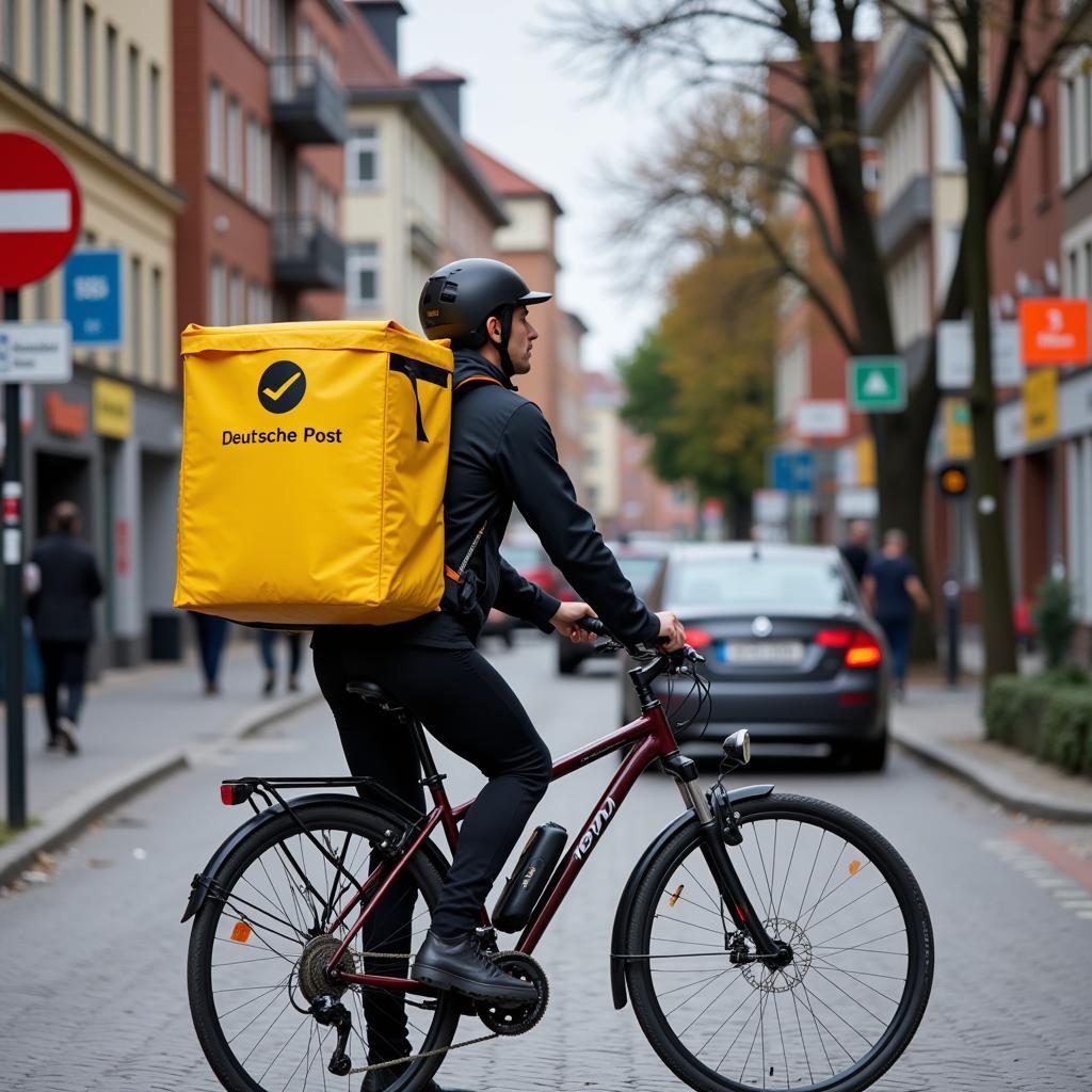 Ein Paketbote der Deutschen Post liefert ein Paket mit dem Fahrrad in Leverkusen aus