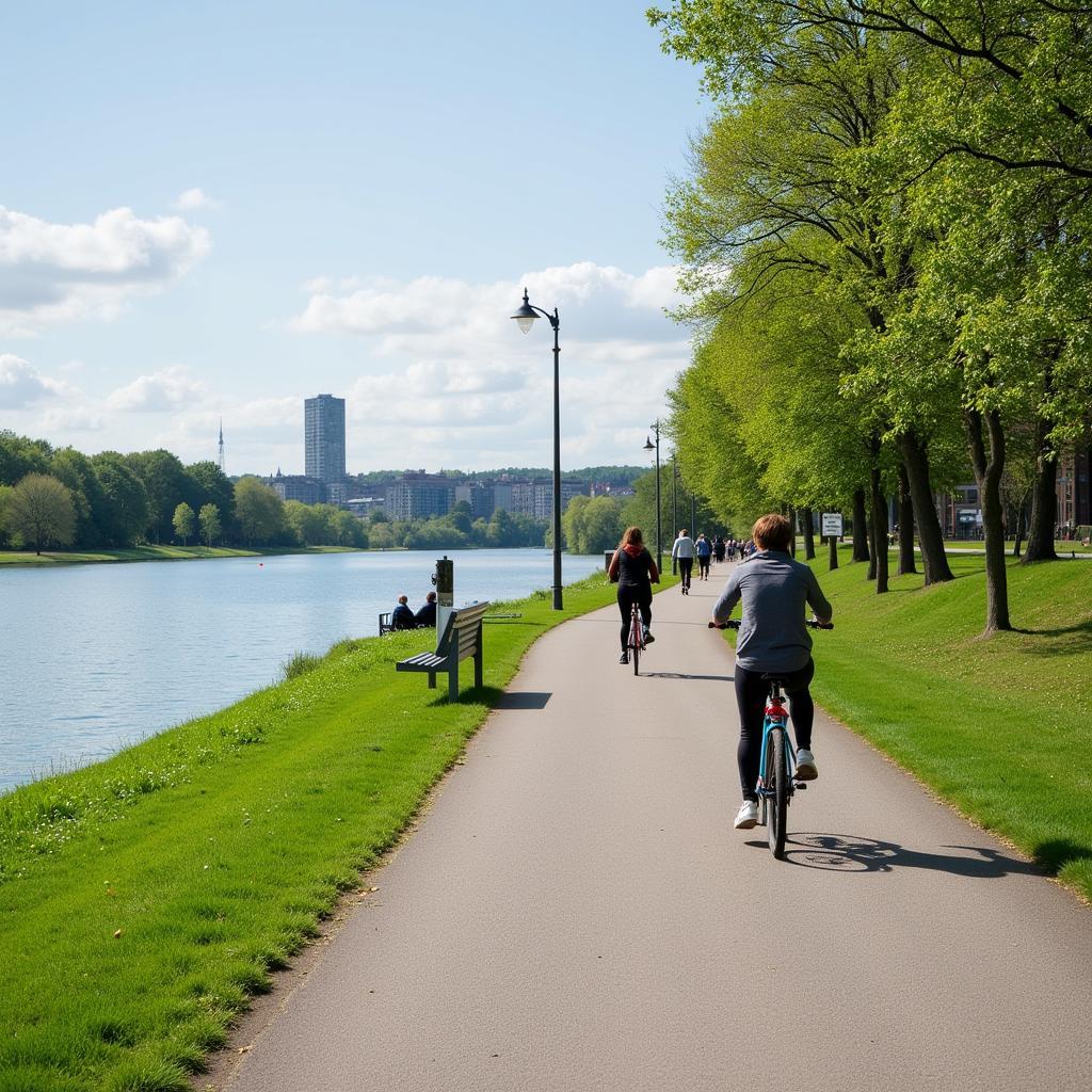 Fahrrad fahren an der Rheinpromenade in Leverkusen