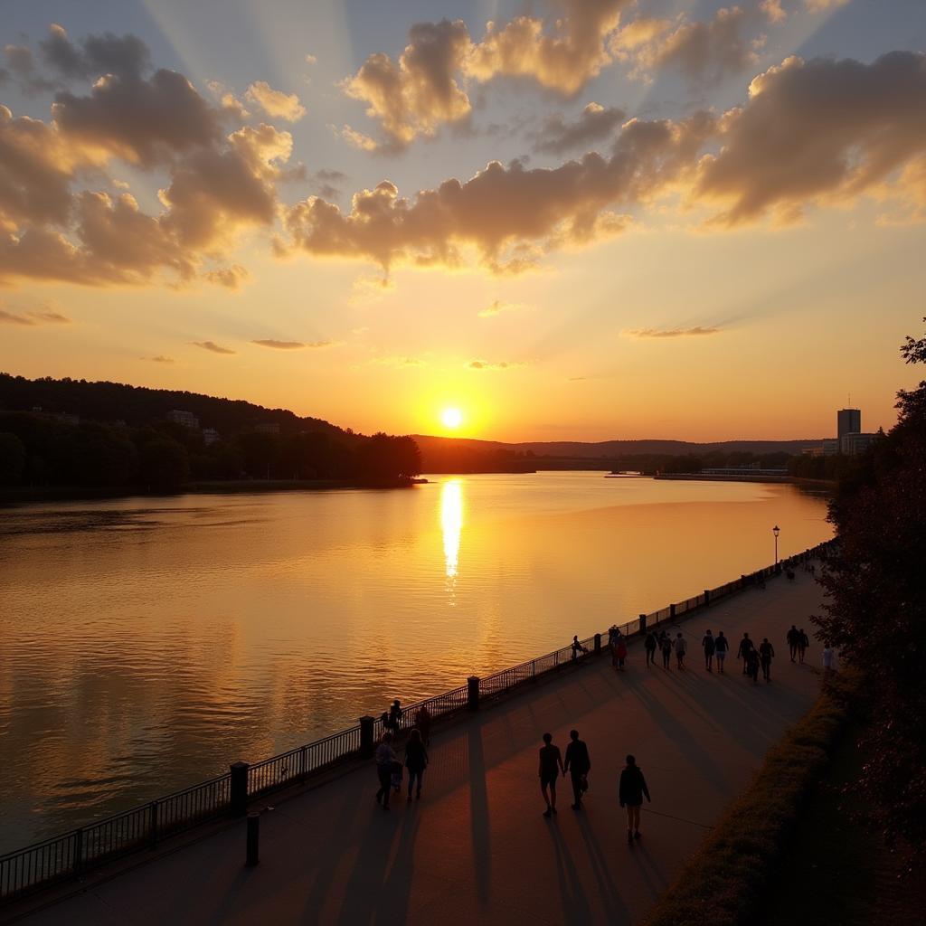 Sonnenuntergang über der Rheinpromenade in Leverkusen mit Spaziergängern