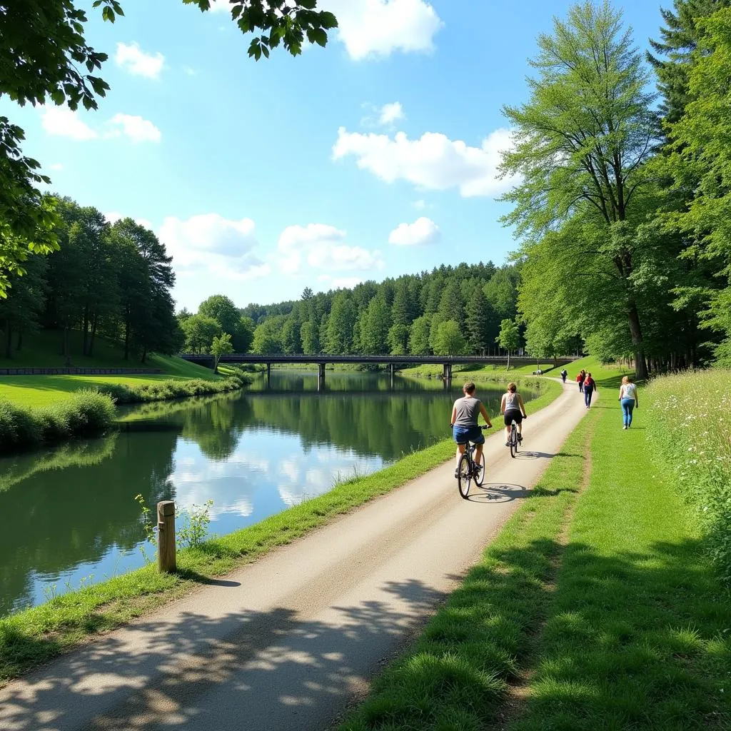 Fahrradfahren entlang des Flusses in Leverkusen Schlebusch