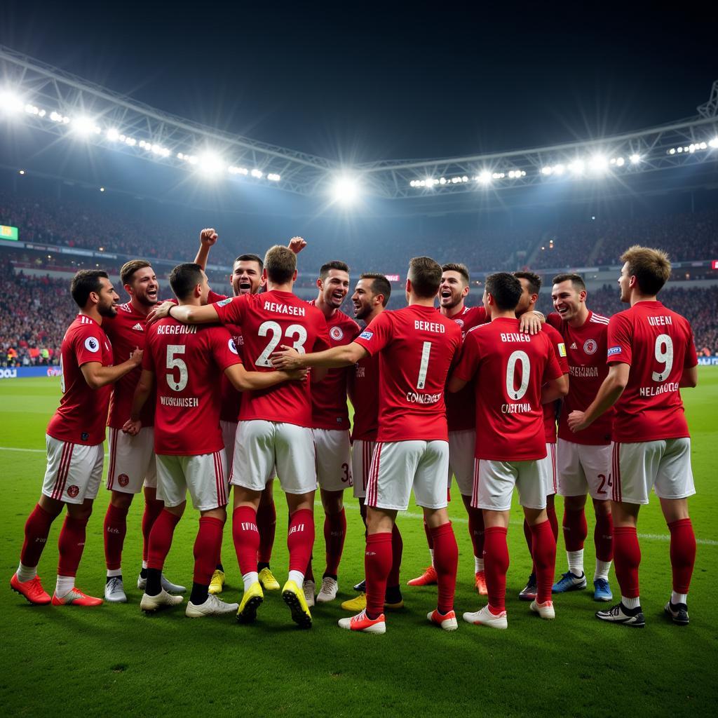 Spieler von Leverkusen feiern mit den Fans in der BayArena