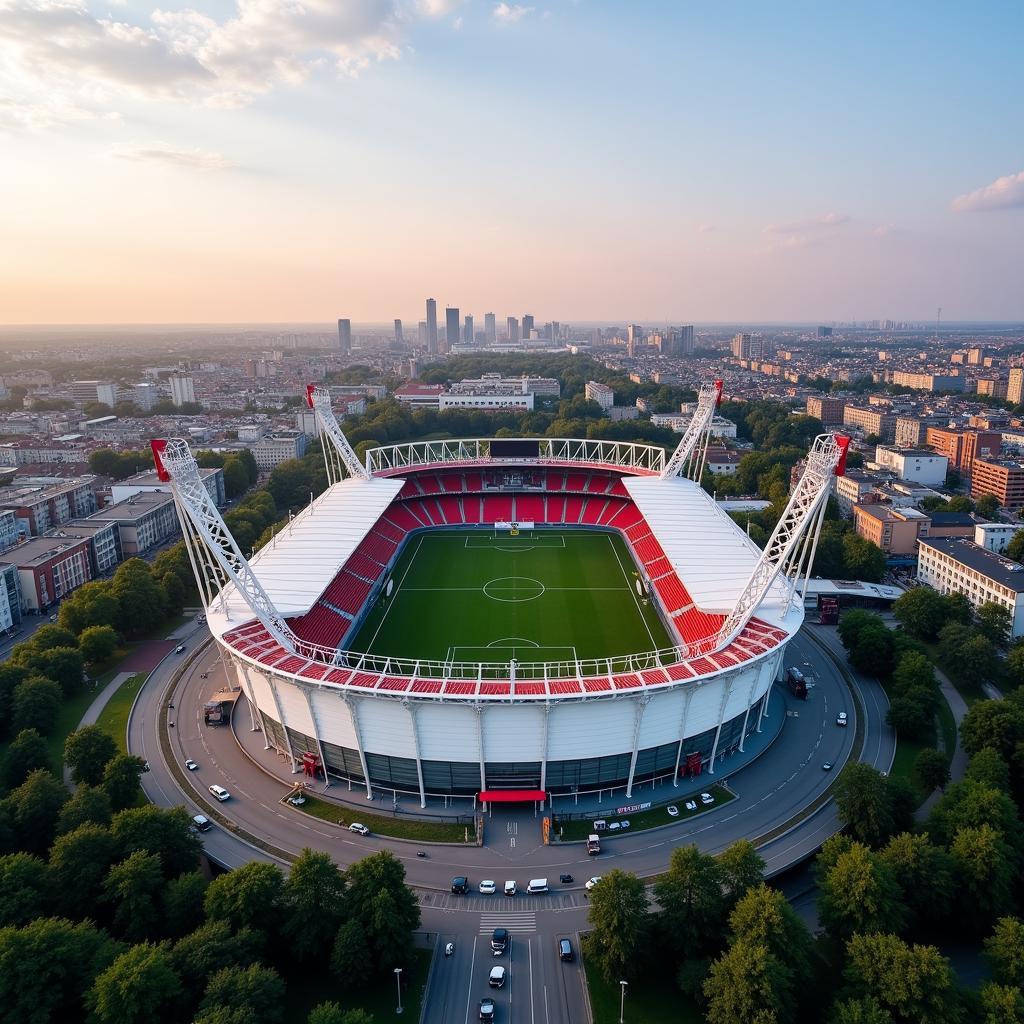 Panorama von Leverkusen mit der BayArena im Vordergrund