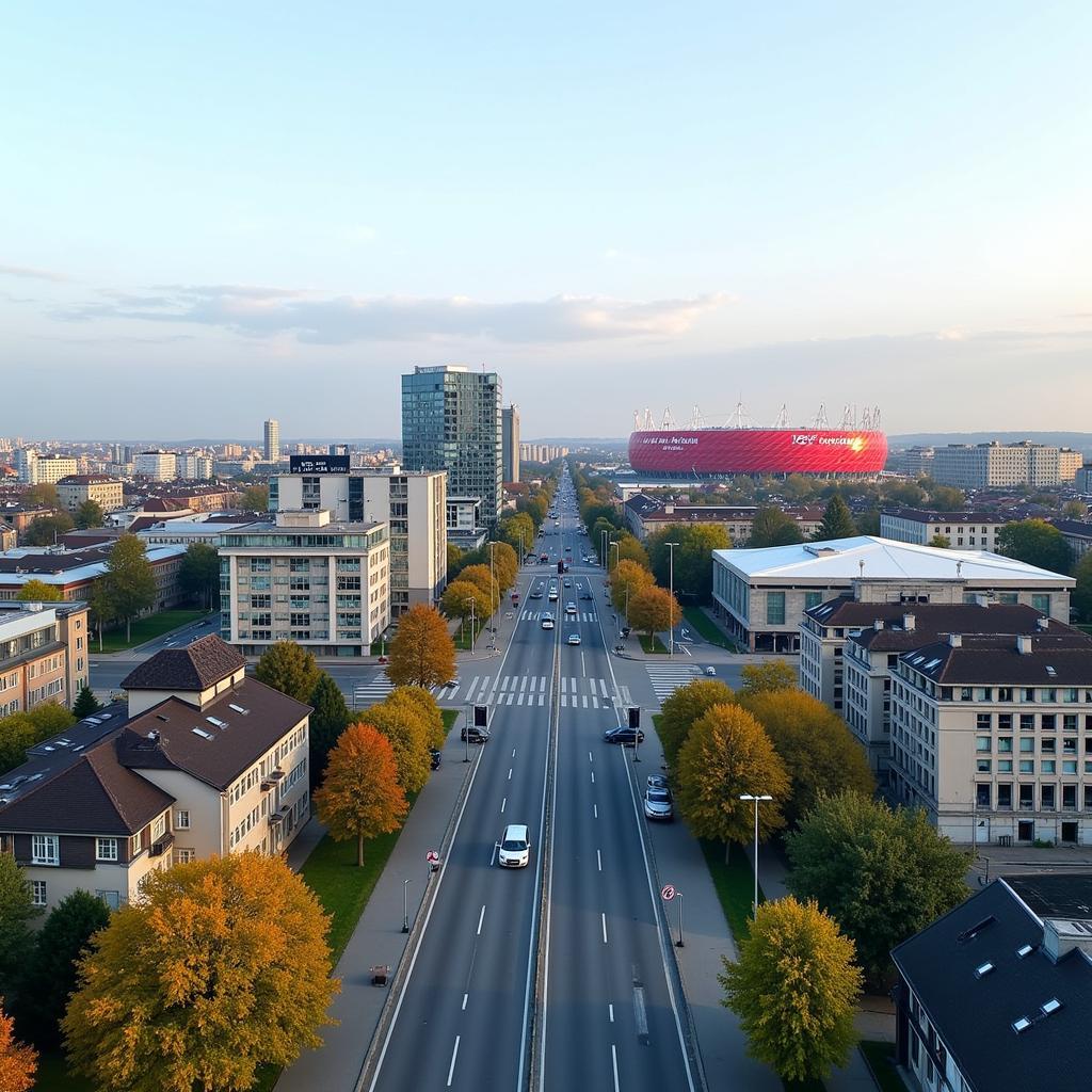 Panoramablick auf die Bismarckstraße in Leverkusen mit dem Arn Stadion Hotel und der BayArena im Hintergrund