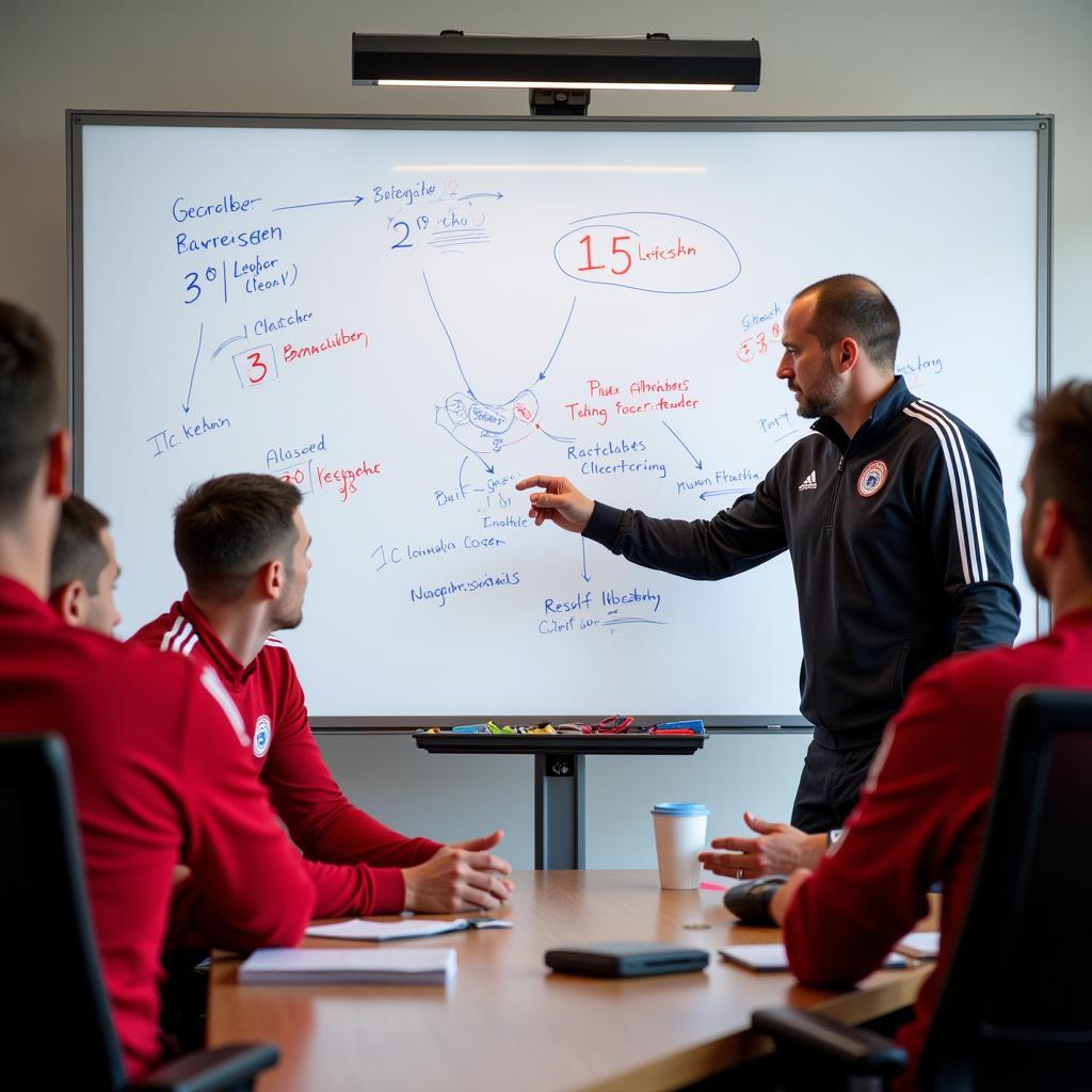 Trainer von Bayer Leverkusen erklärt Taktik an der Tafel