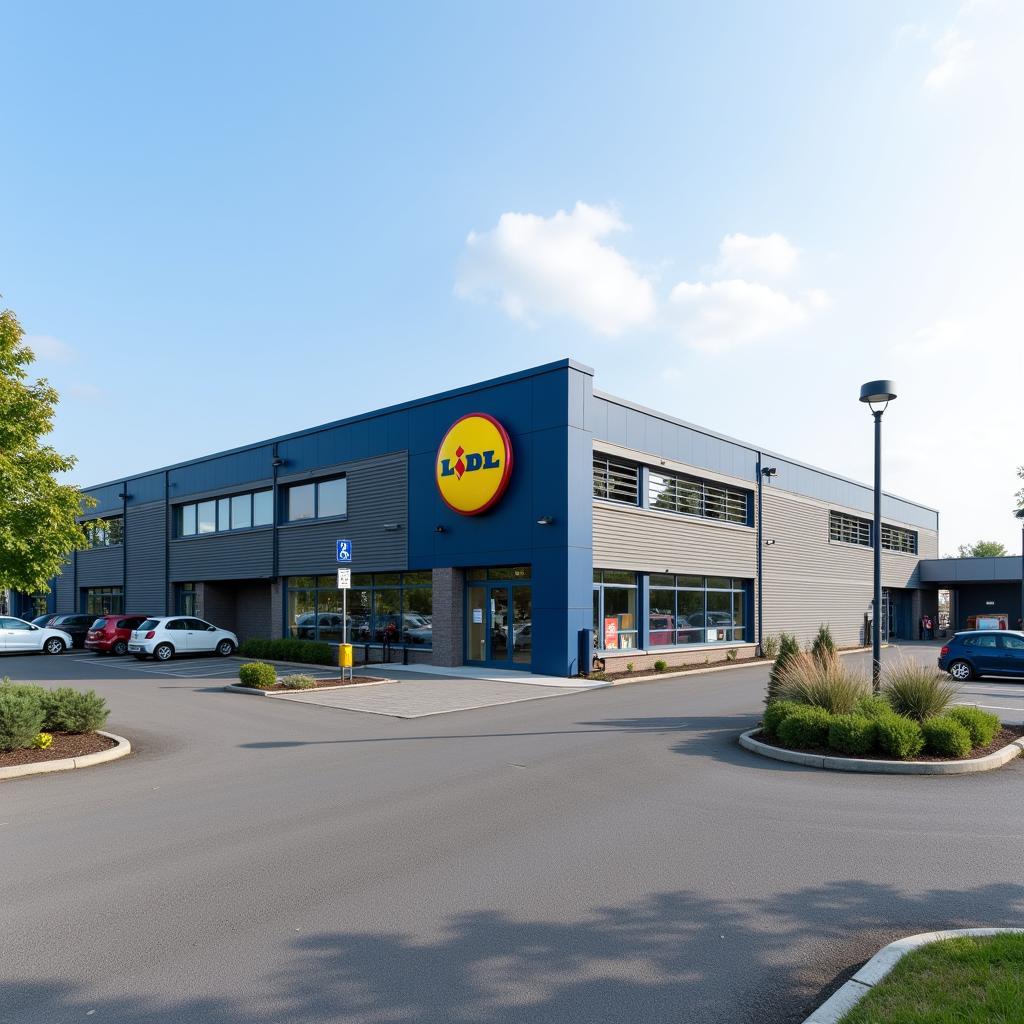 Moderne Lidl Filiale in Leverkusen mit großem Parkplatz und Kundeneingang