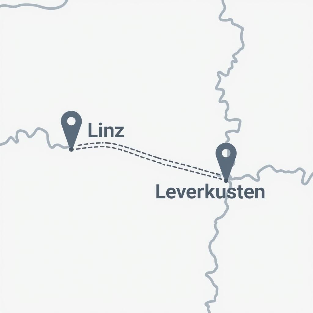 Landkarte mit zwei Punkten, die Linz und Leverkusen markieren