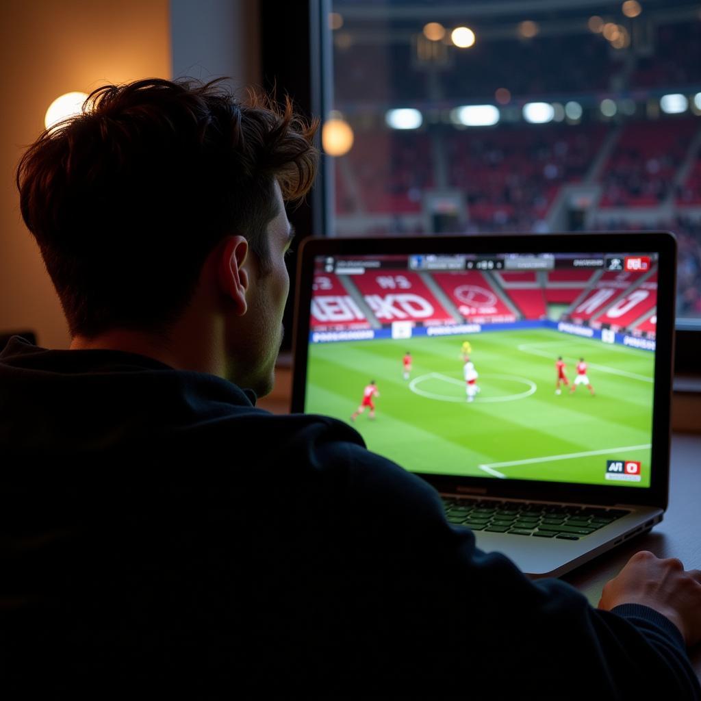 Live-Stream Bayer Leverkusen Fußball: Ein Fan verfolgt gespannt das Spiel auf seinem Laptop.