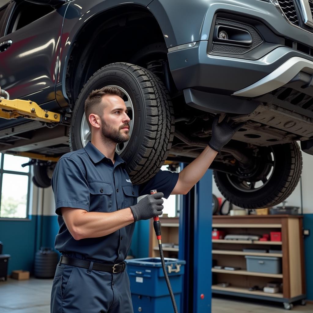 Mechaniker arbeitet an Hebebühne in Leverkusen