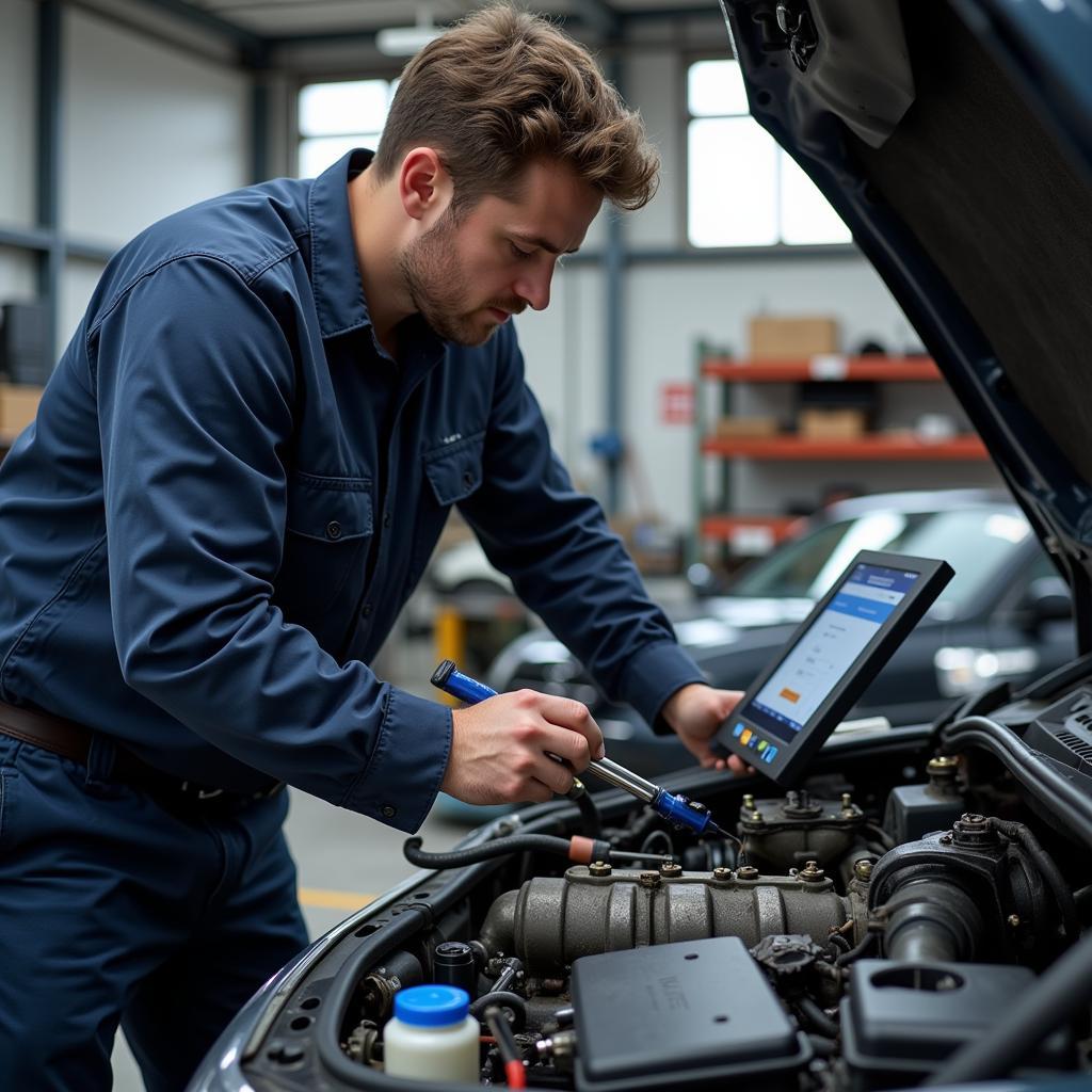 Ein erfahrener Mechaniker führt eine Reparatur an einem Fahrzeug in einer Leverkusener Werkstatt durch