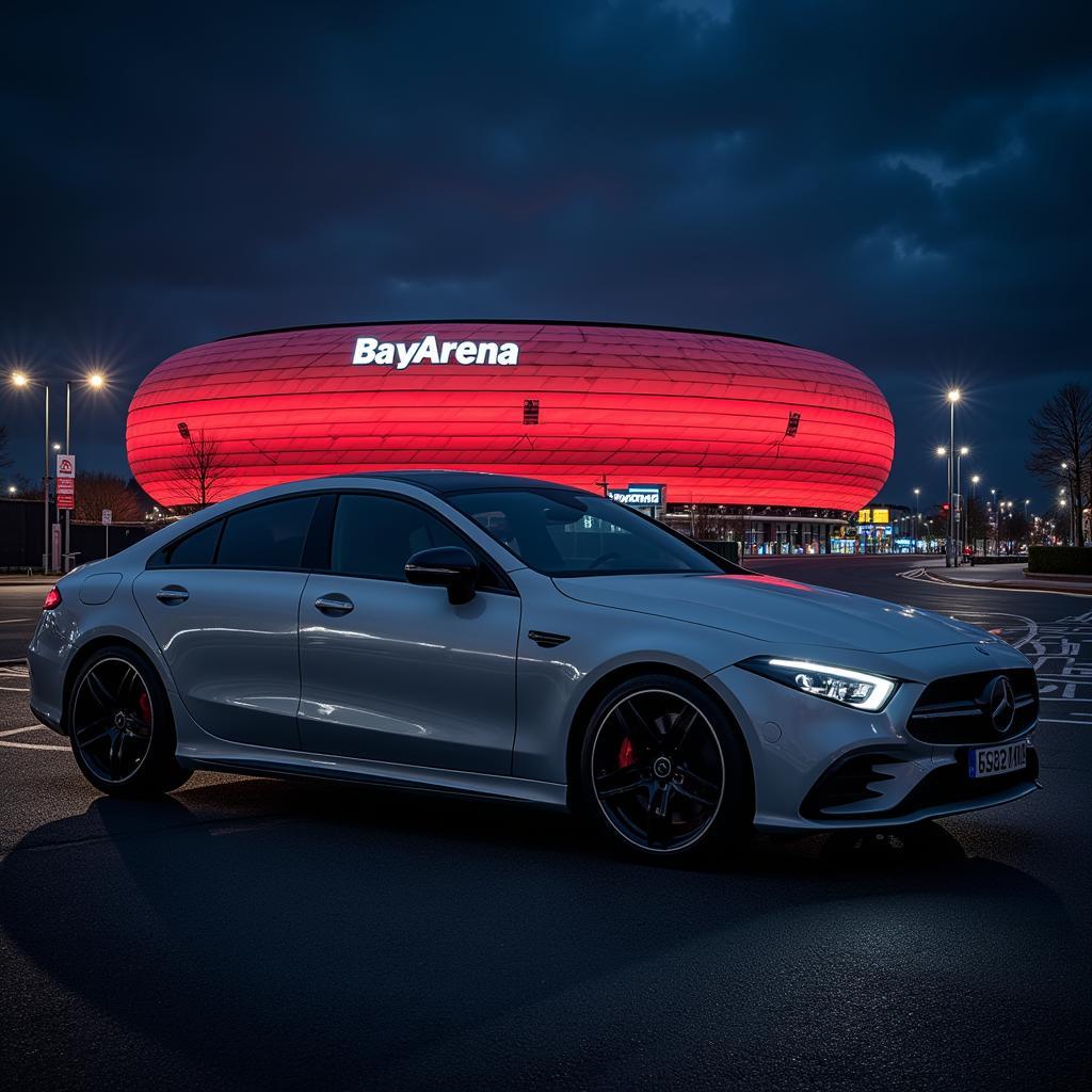 Mercedes-Benz Fahrzeug vor der BayArena