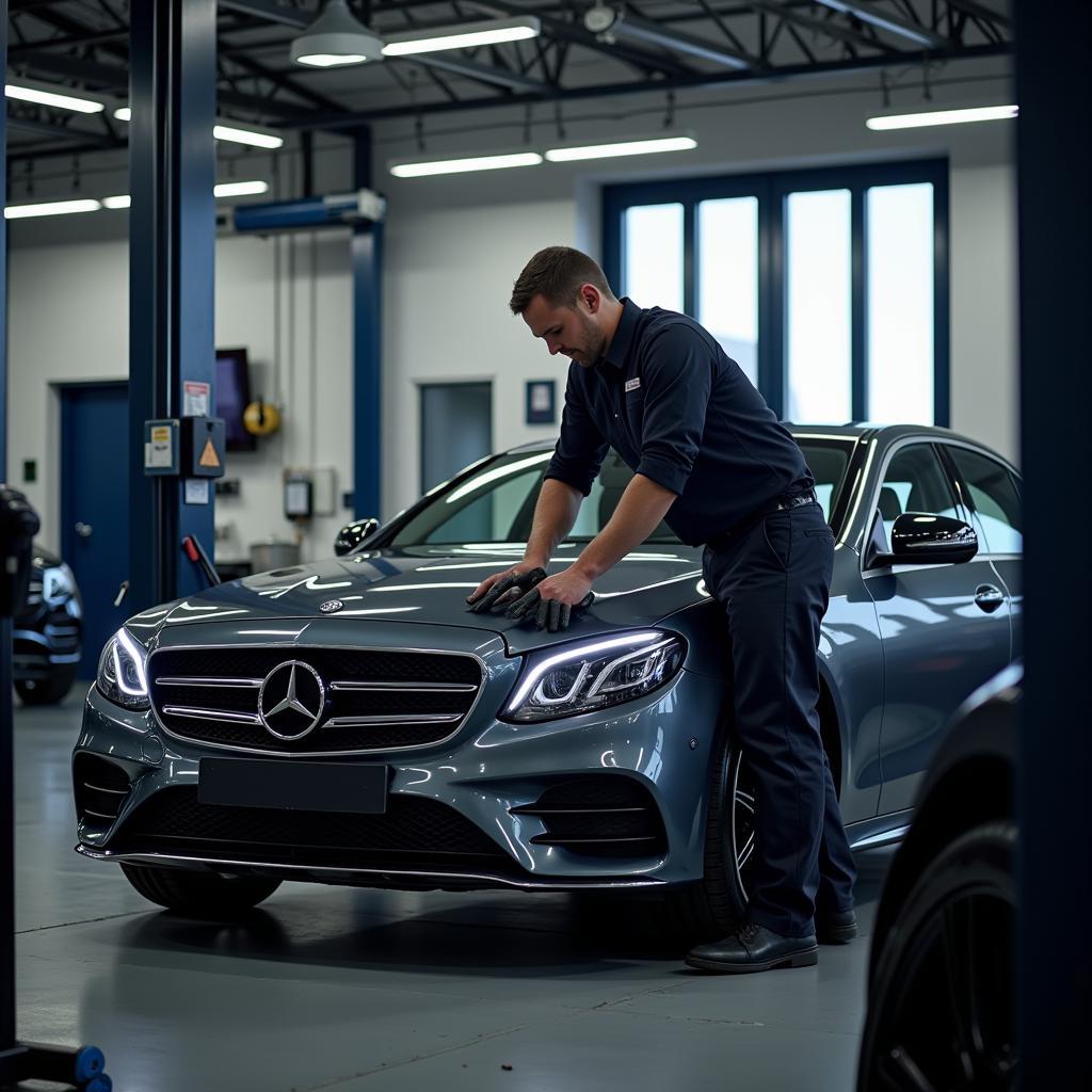 Mechaniker arbeitet an einem Mercedes-Benz in einer Werkstatt in Leverkusen