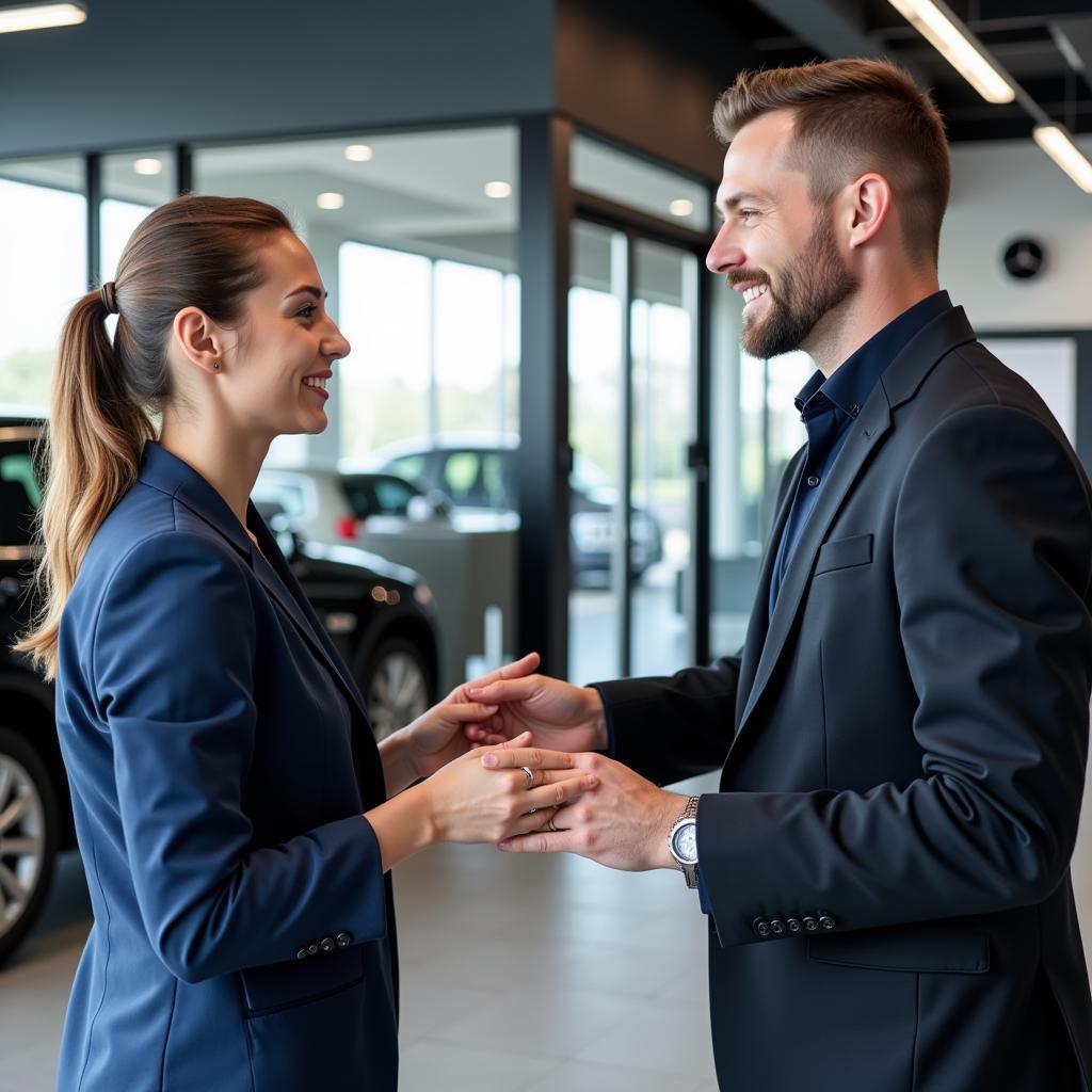 Freundlicher Serviceberater im Gespräch mit einem Kunden in der Mercedes-Benz Niederlassung Leverkusen