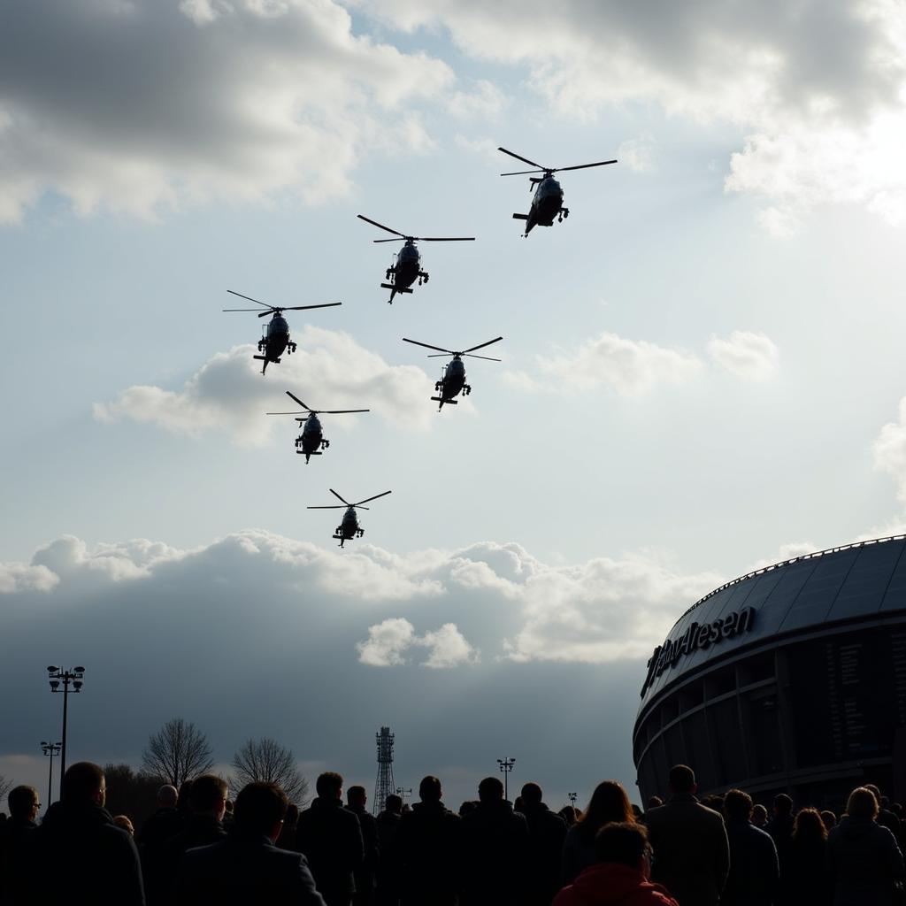 Militärhubschrauber im Formationsflug über der BayArena in Leverkusen