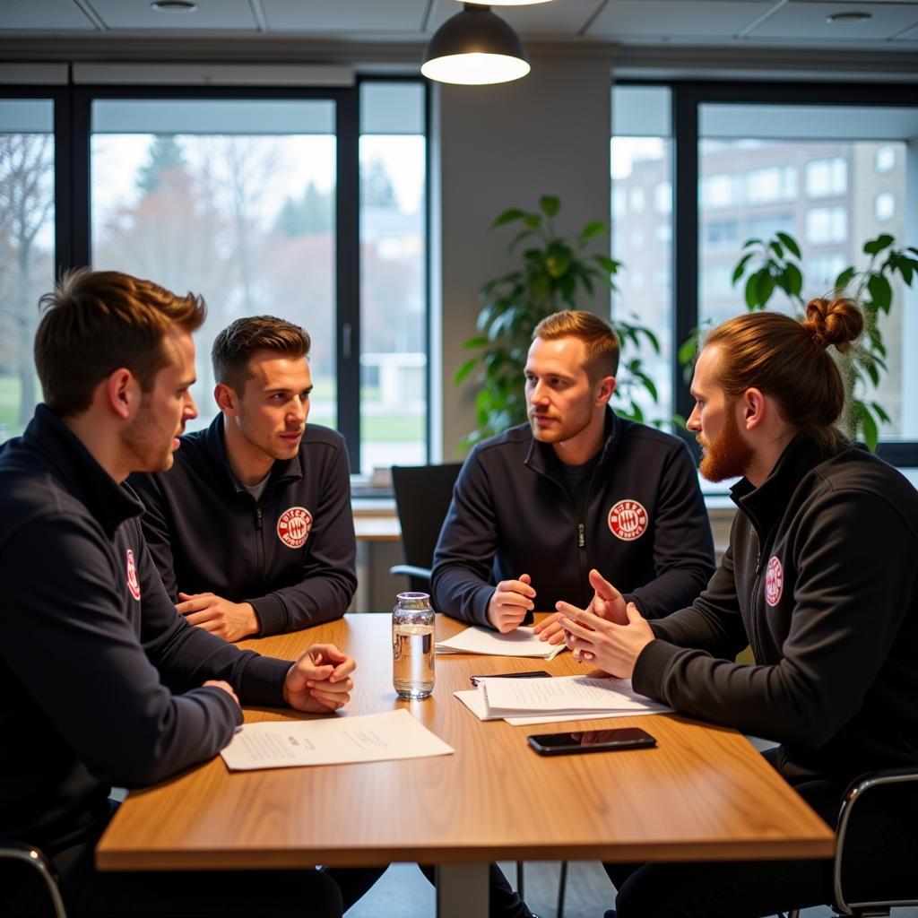 Mitarbeiter der Bayer 04 Leverkusen Basics GmbH diskutieren bei einer Besprechung