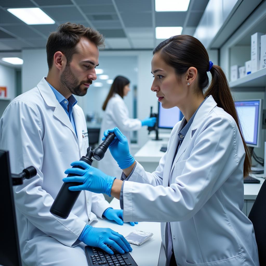 Zwei Wissenschaftler arbeiten in einem hochmodernen Labor bei Bayer Leverkusen