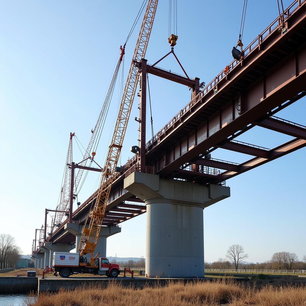 Montage der Stahlsegmente für die Leverkusener Autobahnbrücke