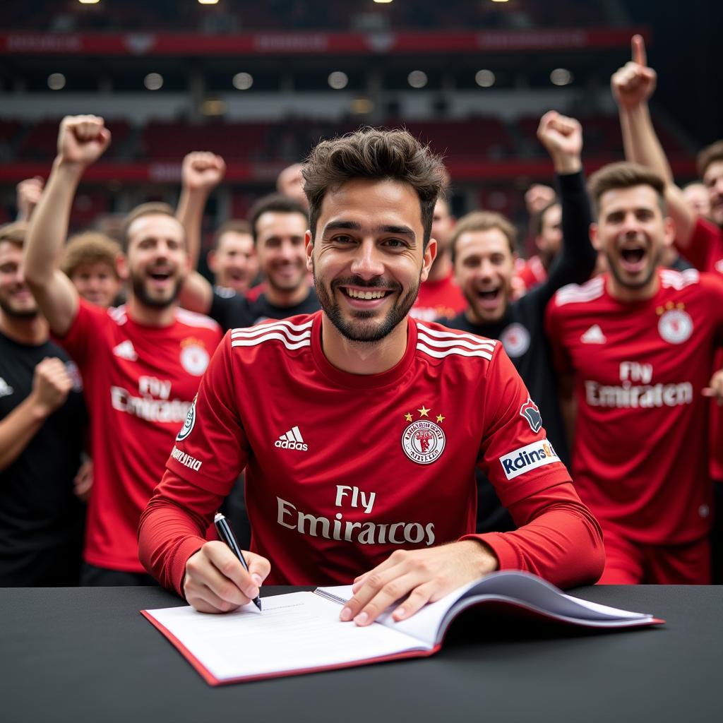 Ein neuer Spieler unterschreibt einen Vertrag mit Leverkusen, im Hintergrund jubelnde Fans