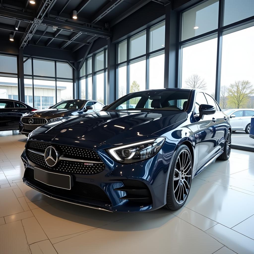 Ein neuer Mercedes-Benz steht in einem Autohaus in Leverkusen