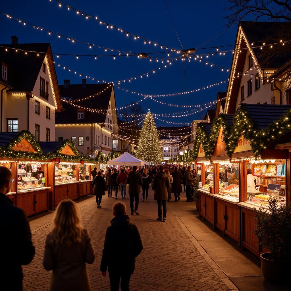 Stimmungsvolle Beleuchtung auf dem Nordischen Weihnachtsmarkt in Leverkusen