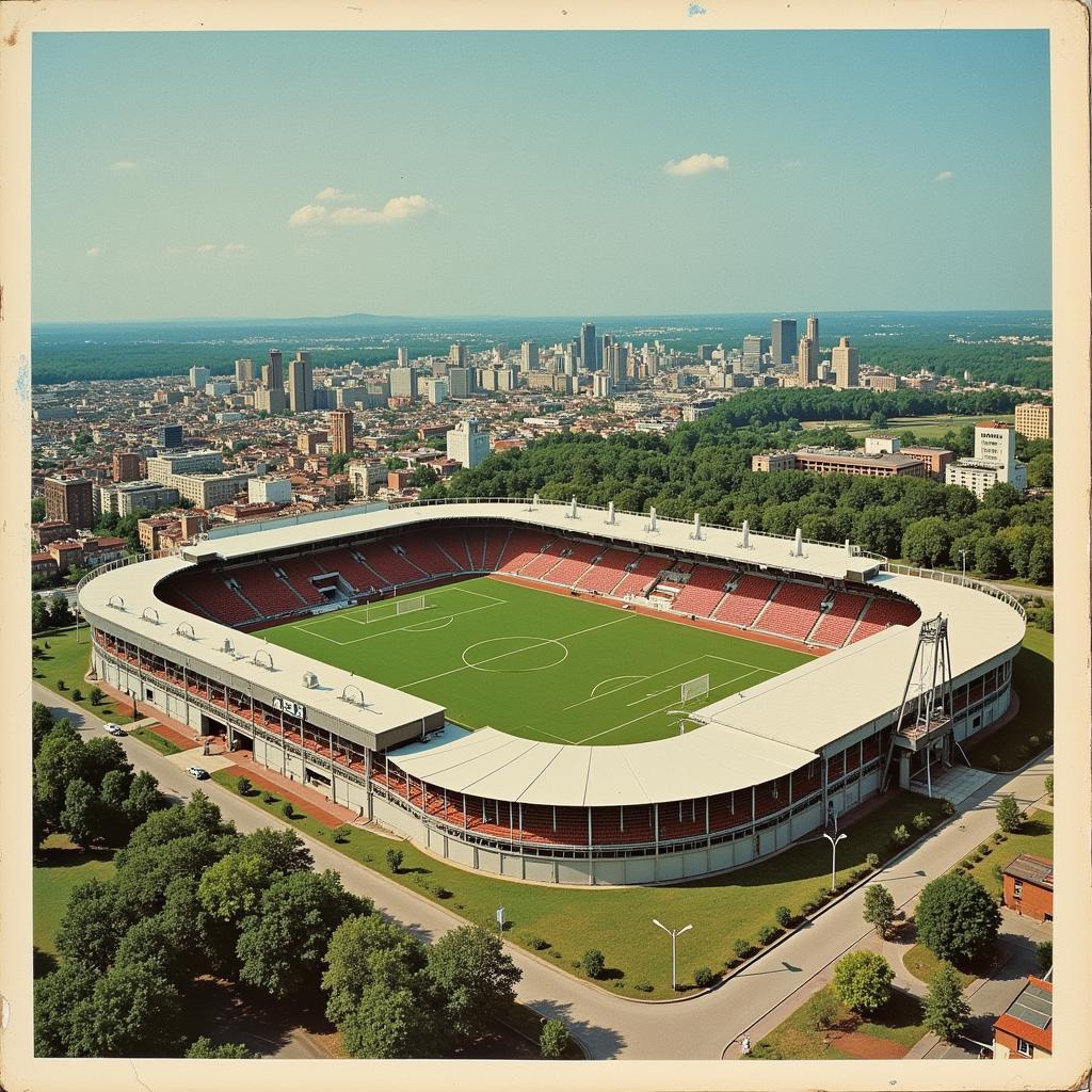 Nostalgische Postkarte des Bayer Leverkusen Stadions aus den 1970er Jahren