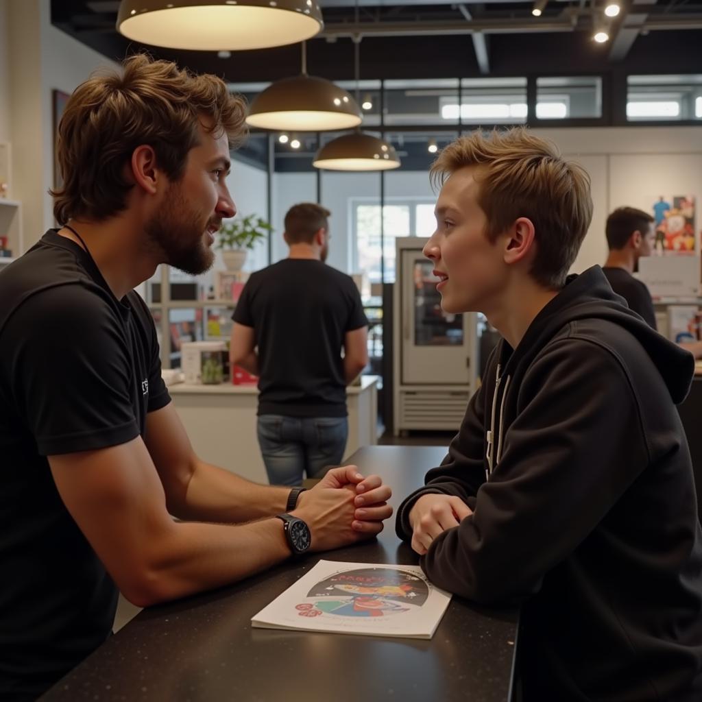 Oliver Taus berät einen Fan im Angelshop Leverkusen