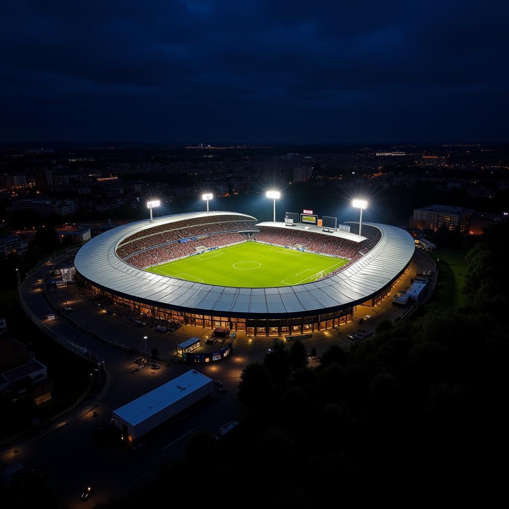 Panoramablick auf die beleuchtete BayArena bei Nacht