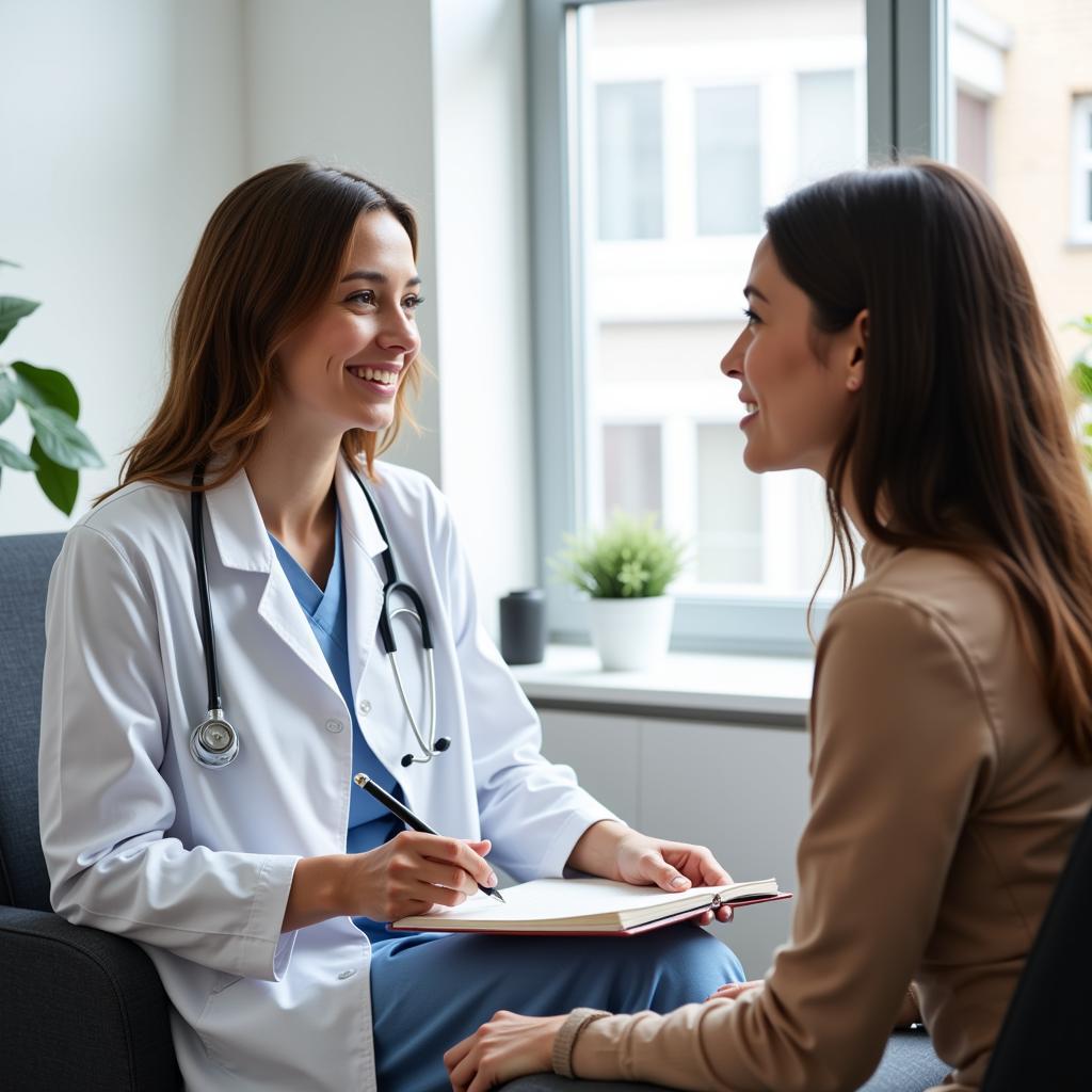 Ärztin führt vertrauliches Gespräch mit Patientin in Leverkusen