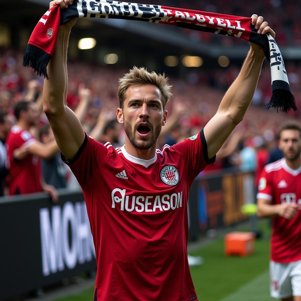 Patrick Schick feiert mit den Bayer Leverkusen Fans