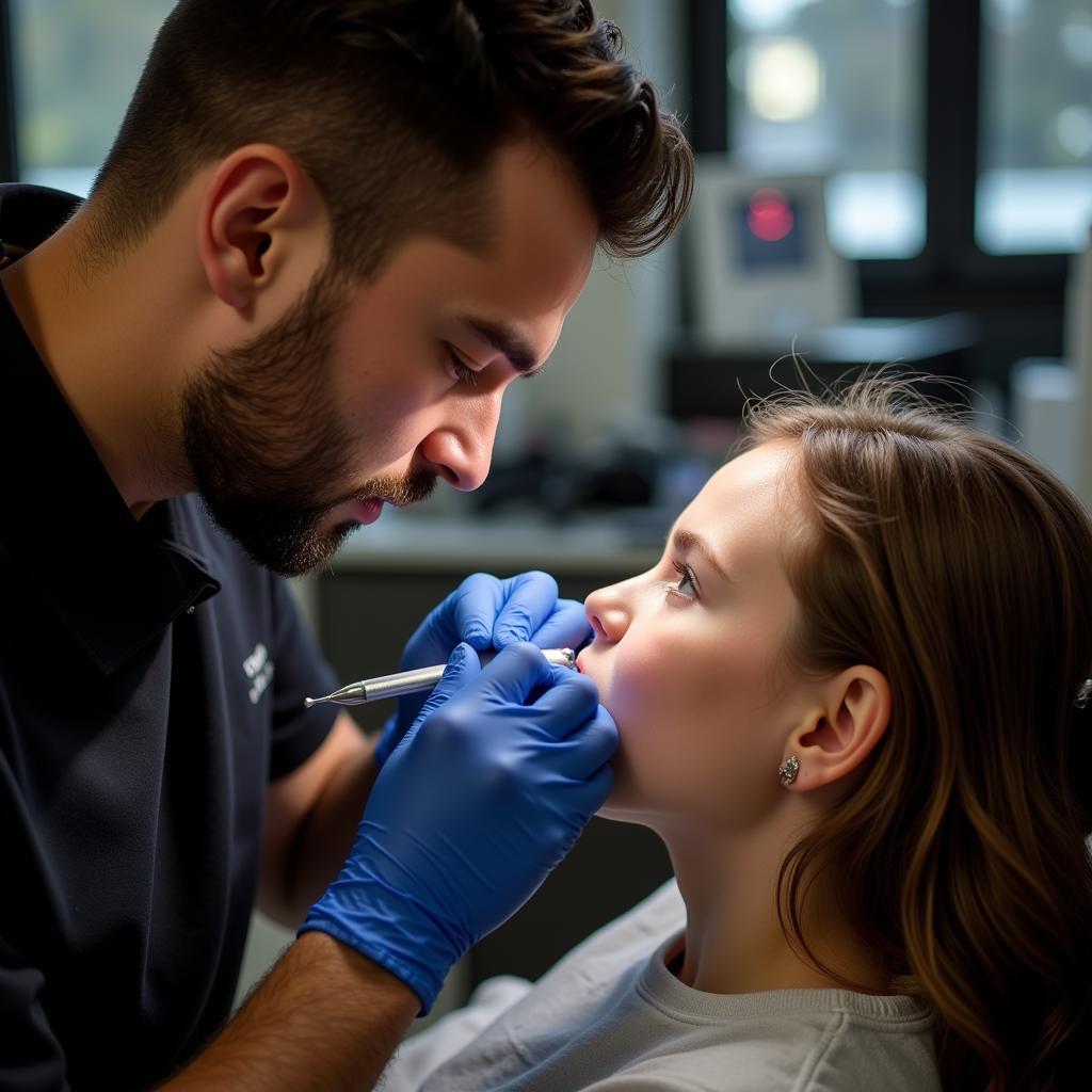 Ein Piercer sticht ein Piercing in Leverkusen