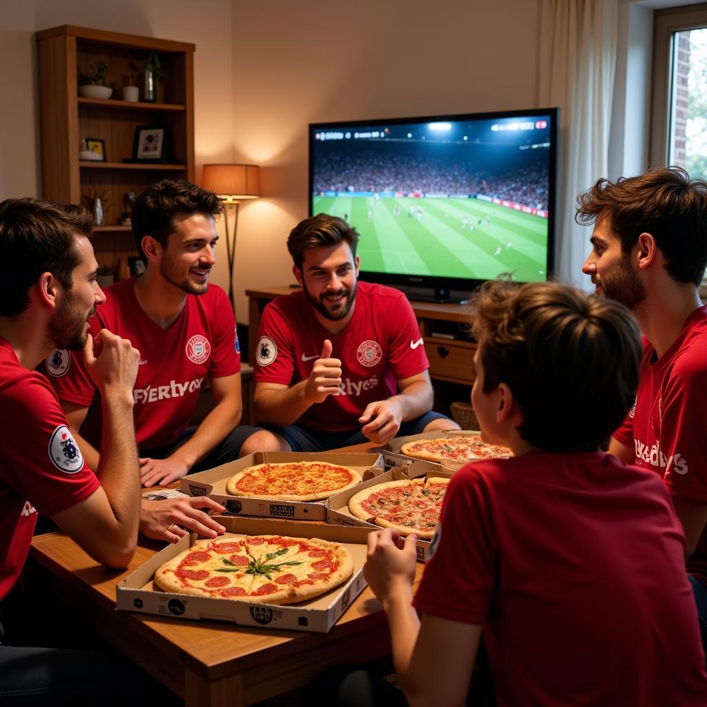 Pizza genießen mit Freunden beim Fußballschauen