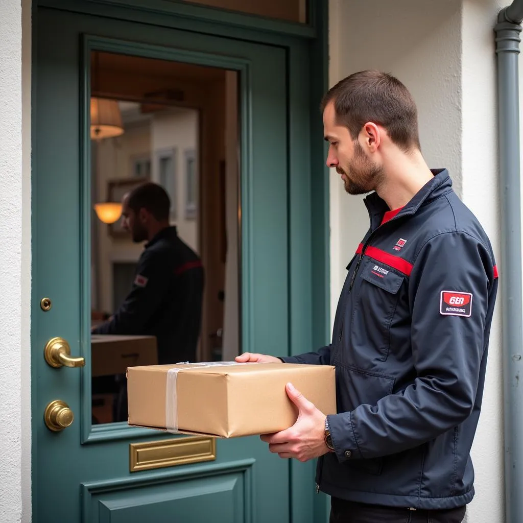 Ein Postbote liefert ein Paket an einer Haustür in Leverkusen-Opladen aus.