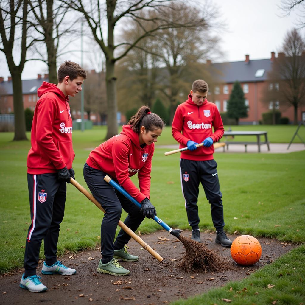 Bayer Leverkusen Spieler und Schüler der Käthe Kollwitz Gesamtschule bei einem sozialen Projekt