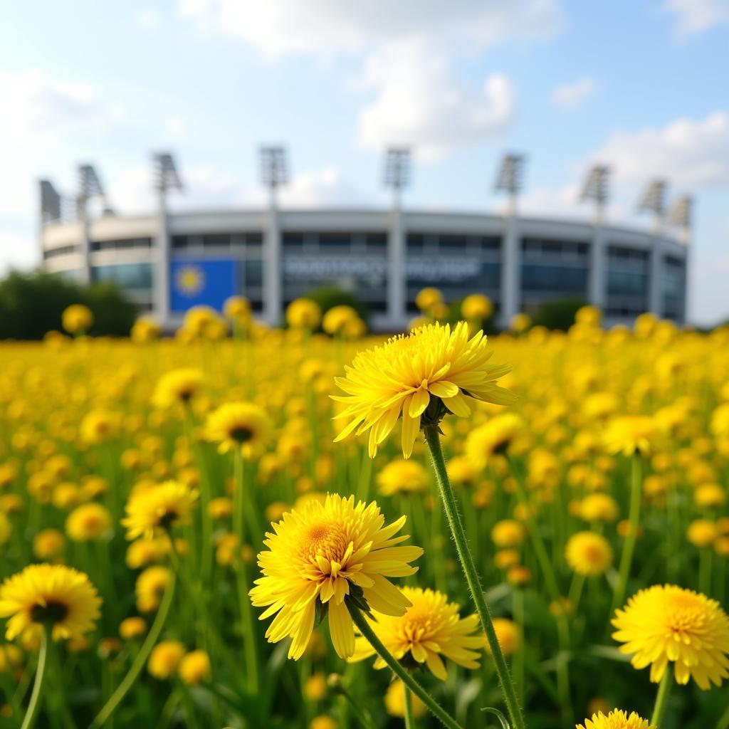 Rapsblüten vor der Kulisse des Bayer-Werks in Leverkusen