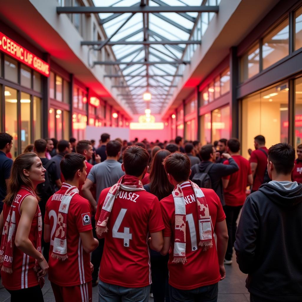 Fans treffen sich in der Rathaus Galerie Leverkusen vor dem Spiel