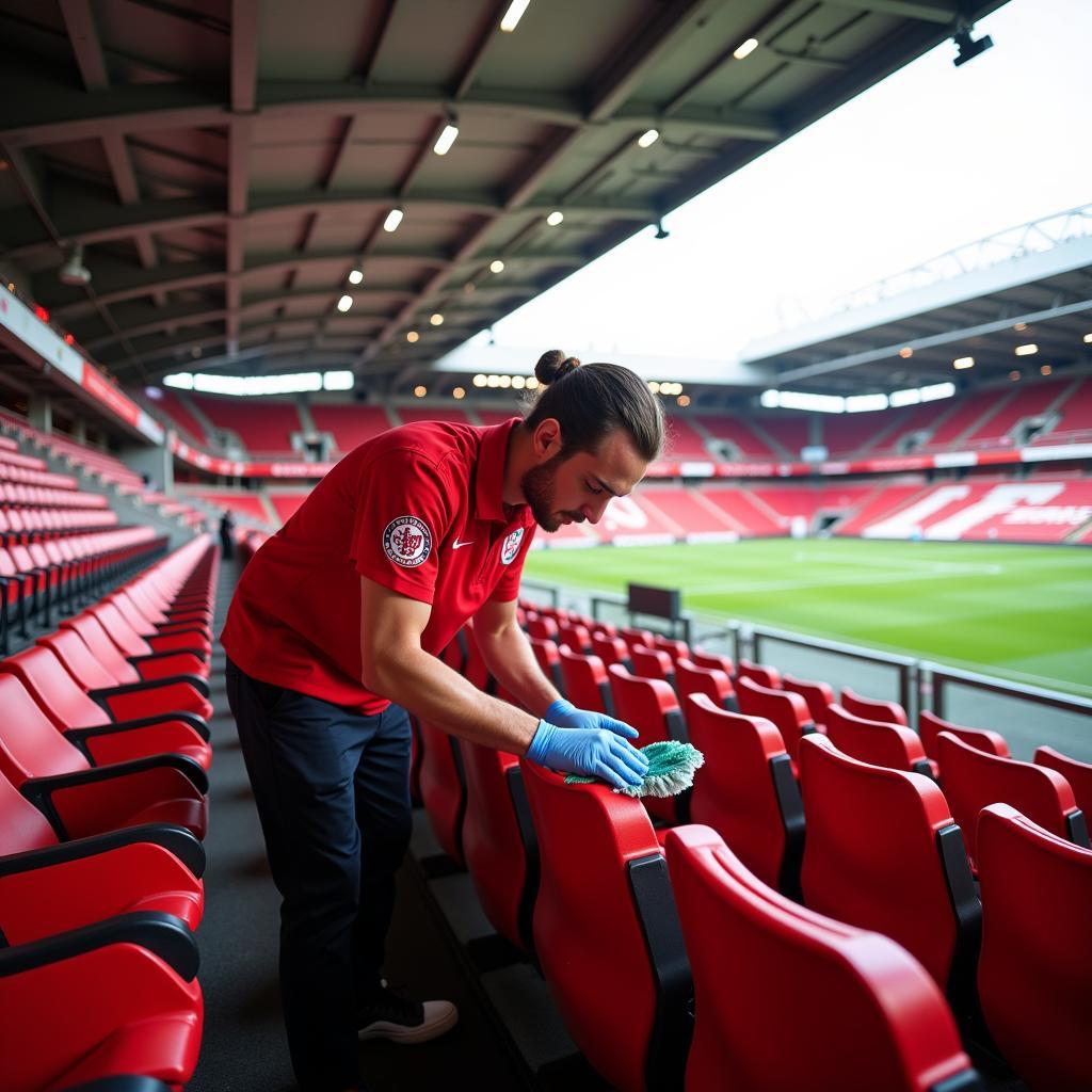 Reinigungskraft in der BayArena Leverkusen: Ein Mitarbeiter reinigt die Sitze im Stadion.