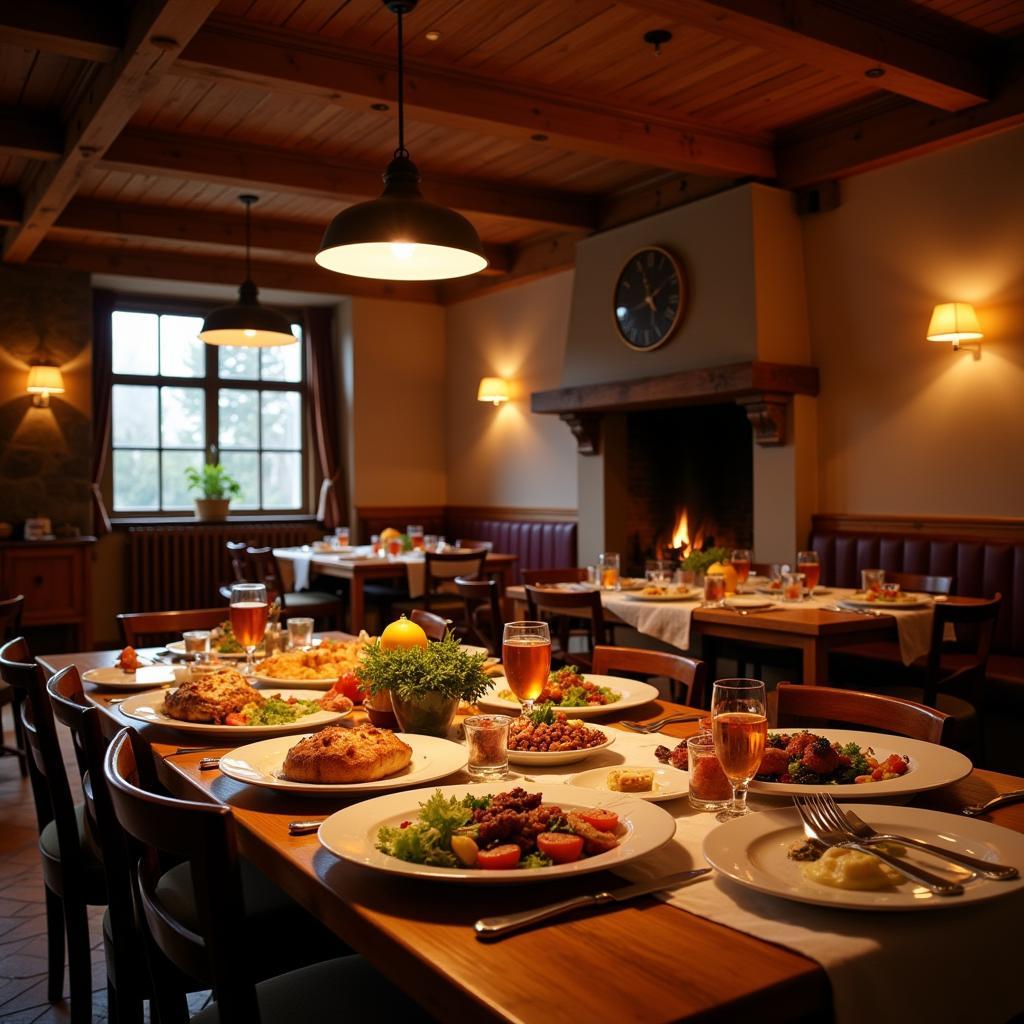 Rustikales Restaurant mit Holztischen und leckerem Essen