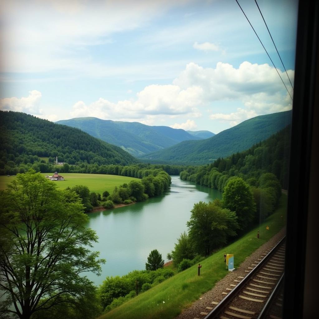 Idyllischer Blick aus dem Zugfenster auf das Rheintal während der Reise von Leverkusen nach Koblenz