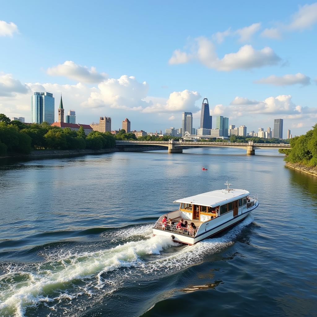 Idyllische Rheinschifffahrt mit Blick auf Leverkusen