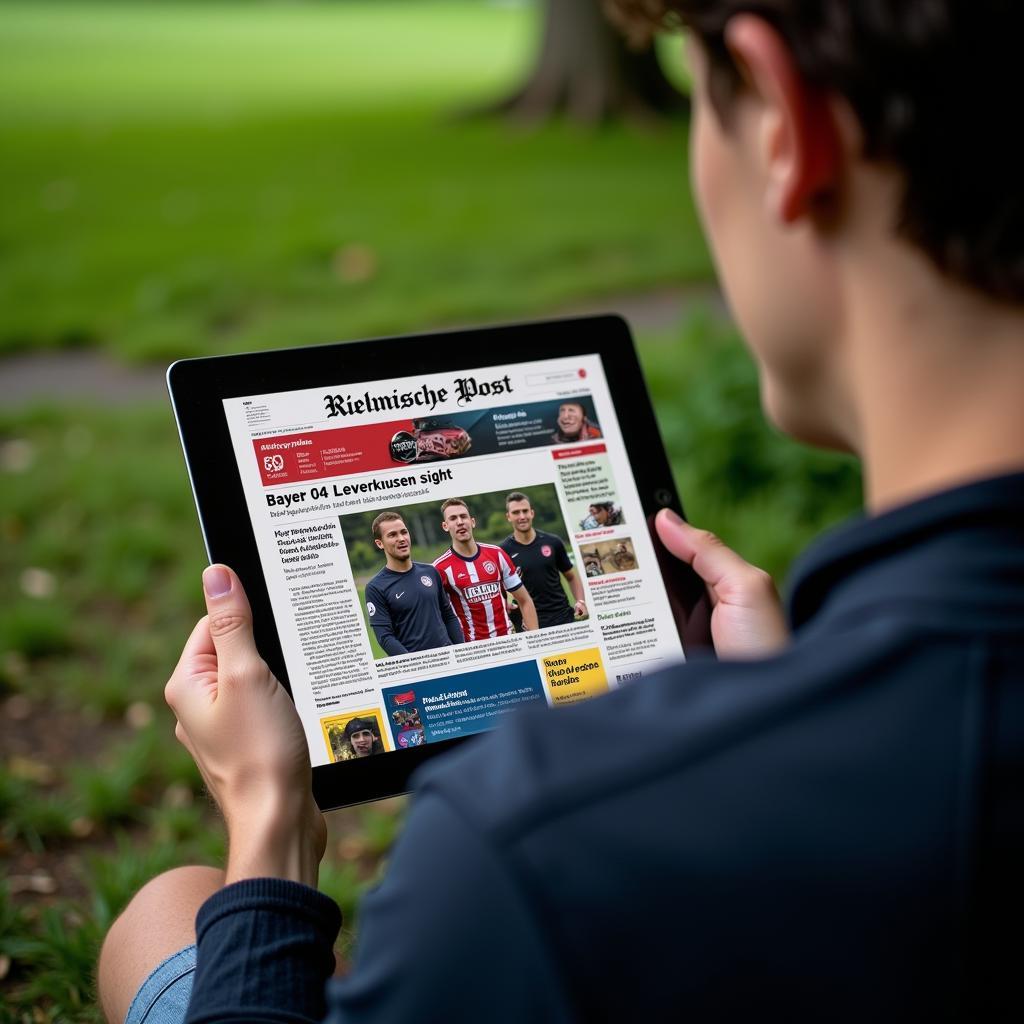 Person liest die Online-Ausgabe der Rheinischen Post auf einem Tablet - Bayer 04 News